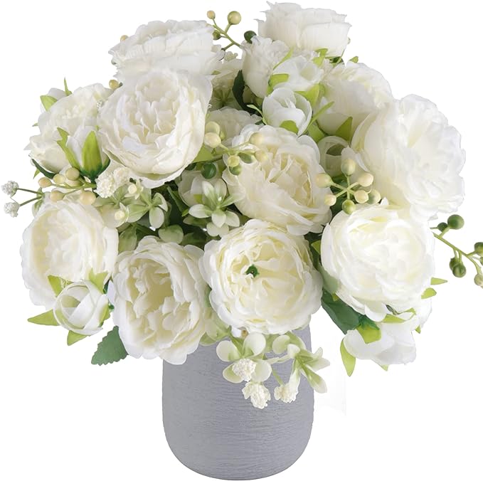 4 Bundles Artificial Peonies Silk Flowers, White Faux Peony Bouquet Florals Arrangements Decor for Farmhouse Home Boho Wedding Table Centerpiece, Fake Plastic Flowers Bulk Vase Decoration (White)