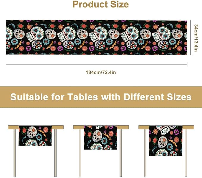 Gothic Skull Table Runner,Vintage Style Colourful Table Runner for Home Kitchen Table Dining Garden Farmhouse Wedding Party Decor 13x60 Inch