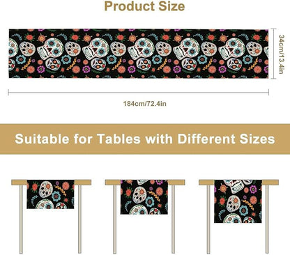 Gothic Skull Table Runner,Vintage Style Colourful Table Runner for Home Kitchen Table Dining Garden Farmhouse Wedding Party Decor 13x60 Inch