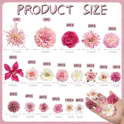 Artificial Flowers Heads Combo Pink Flowers Mix Silk Flowers Dahlia Roses for Graduation Cap DIY Cake Wedding Party Floral Arrangement Table Centerpieces Home Decorations