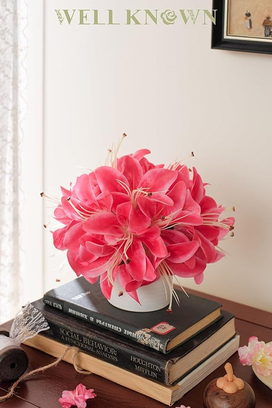Artificial Flowers in Vase, Fake Lily Flowers with White Ceramic Vase, Small Potted Faux Floral Arrangements for Home Desk Kitchen Lavatory Coffee Tea Wedding Table Centerpiece Decor (Hot Pink)