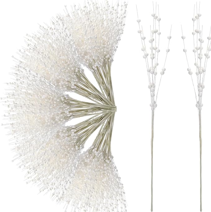 Geosar 30 Pcs Christmas Artificial Glitter Berry Stem Decorations 17 Inch Faux Stick Floral Pick Centerpiece Bouquet Flower Bead Twigs for Centerpiece Tree Wreath Xmas Ornaments Home(White)