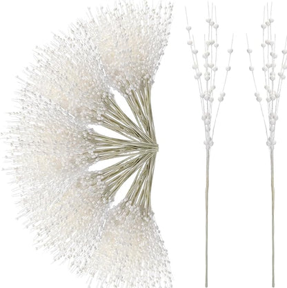Geosar 30 Pcs Christmas Artificial Glitter Berry Stem Decorations 17 Inch Faux Stick Floral Pick Centerpiece Bouquet Flower Bead Twigs for Centerpiece Tree Wreath Xmas Ornaments Home(White)
