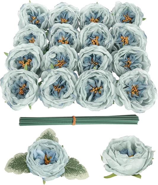 16pcs Silk Rose Head Light Blue Austin Roses Vintage Burnt Flower Artificial Flower Head with Stems for DIY Flower Wedding Bouquets Centerpieces Home Decoration (Light Blue)