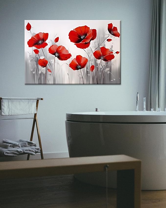 GLOKAK Red Poppies Wall Art - Modern Floral Red Poppy Flower on Grey Background Painting Poster Canvas Print Artwork For Home Bathroom Bedroom Decoration (24"x16")