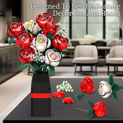 Roses Flower Bouquet Building Kit, 841PCS Red Roses Artificial Flowers with Vase, Botanical Collection Forever Rose Toy for Adults, Kids, DIY Gifts for Women, Her, Him Anniversaries