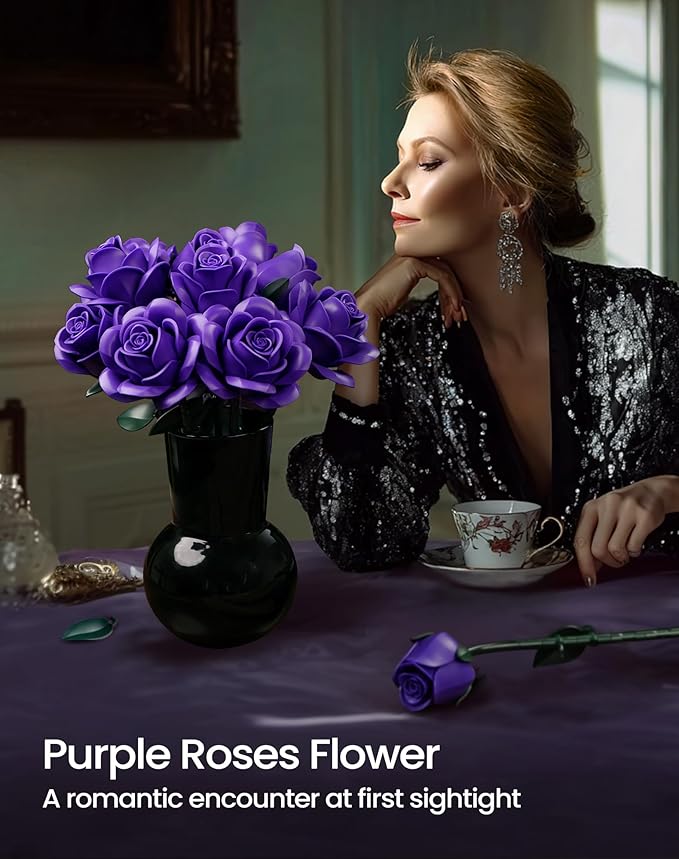 iATOM Purple Rose Bouquet Building Set, Artificial Flowers Botanical Collection for Adults Women, Gift for Christmas and Valentines Day - Gothic Home Office Table Centerpiece Decor - IA11017