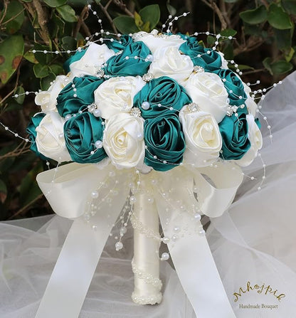 Bridal Wedding Bouquet Round Bling Brooch Bouquet Throw Toss Artificial Rose Flower Bunch for Bride Bridesmaid Wedding Quinceanera(Dark Green & Ivory, 7.5")