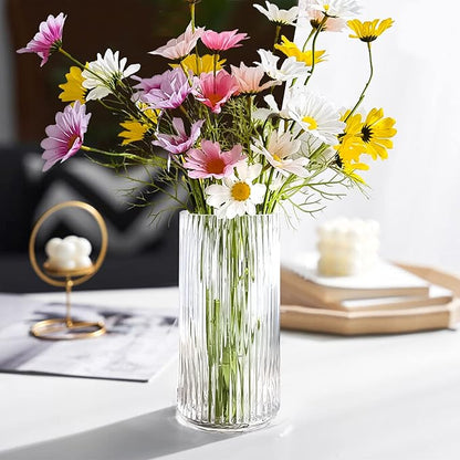 Muyan 9.8" Flower Vase for Decor Ribbed Glass Vase Modern for Centerpieces Desktop Home Office Dining Living Room Wedding (Clear)