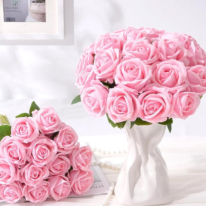 BLEUM CADE 100 Pcs Pink Roses Artificial Flowers, Real Touch Velvet Roses Fake Flowers Bulk, Artificial Roses Bouquet with Long Stems Bridal DIY Wedding Party Centerpiece Decorations