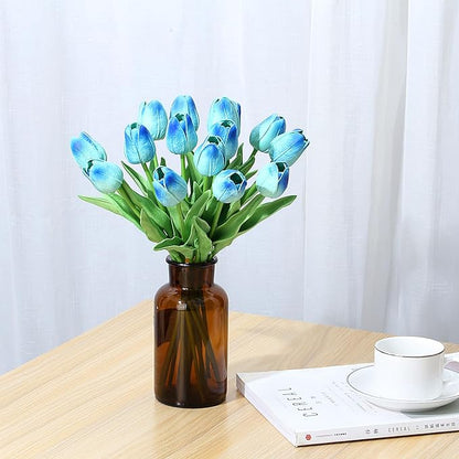 SITUMEIZI 15pcs Blue Tulips Fake Artificial Flowers Real Touch 14" Silk Flower for Home Decor Easter Spring Wedding Bouquet Decorations Mother's Gift Day Floral Arrangements(Blue#)