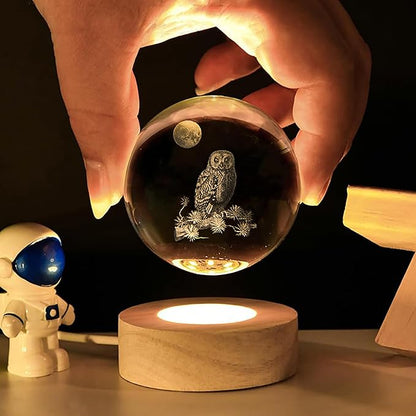 3D Laser Etched Owl Crystal Ball with LED Stand, Glass Owl Animal Figurine Lamp Night Light Gifts for Women Kids(2.4 in)