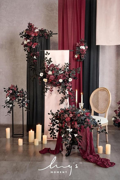 Ling's moment 2PCS Black Artificial Floral Swags Arch Flowers Burgundy Wedding Rose Garland Greenery Arrangements Centerpieces for Sweetheart Table Decor Wall Window Garden Decor Maroon Gothic