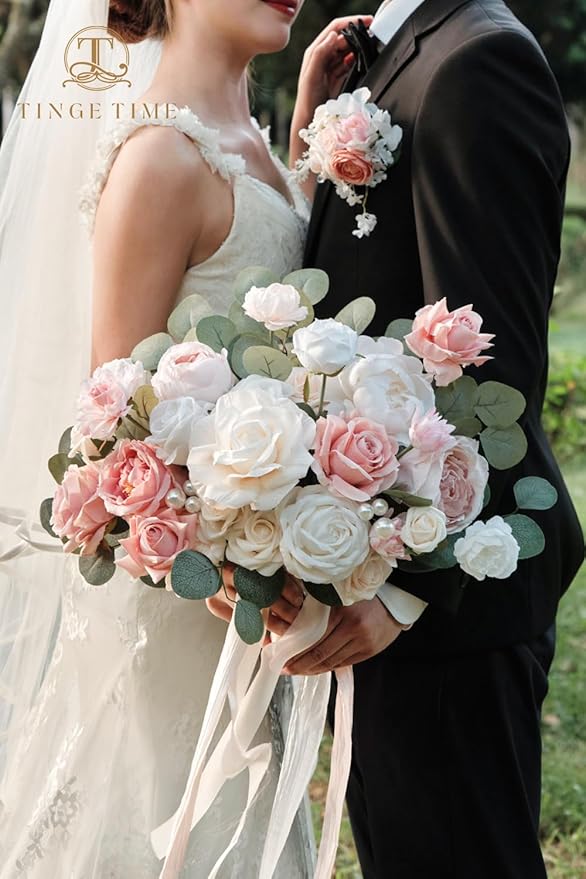 TINGE TIME 11 Inch Wedding Bouquets for Bride，Champange&Pink Artificial Flowers Bouquet， Brides & Bridesmaids Bouquet Tossing Bouquet for Wedding Anniversary Ceremony Bridal Shower Decorations