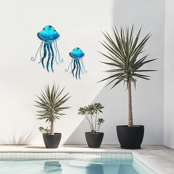 LIFFY Metal Jellyfish Wall Decor Beach Ocean Nautical Tropical Fish Wall Art Home Hanging Decor Glass Metal Fish Wall Decor for Pool, Beach, Patio, Garden,Home(15inch, 10inch)