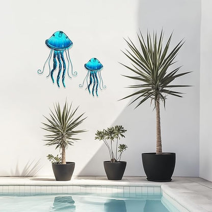 LIFFY Metal Jellyfish Wall Decor Beach Ocean Nautical Tropical Fish Wall Art Home Hanging Decor Glass Metal Fish Wall Decor for Pool, Beach, Patio, Garden,Home(15inch, 10inch)