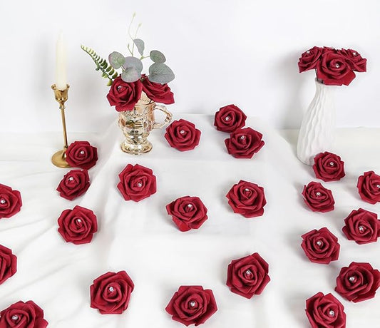 IPOPU 100PCS Burgundy Rose Artificial Flower Heads, 3in Real Looking Stemless Foam Roses Fake Flowers Bulk with Crystal for DIY Craft Wedding Bouquets Arrangements Party Home Decorations(Burgundy)