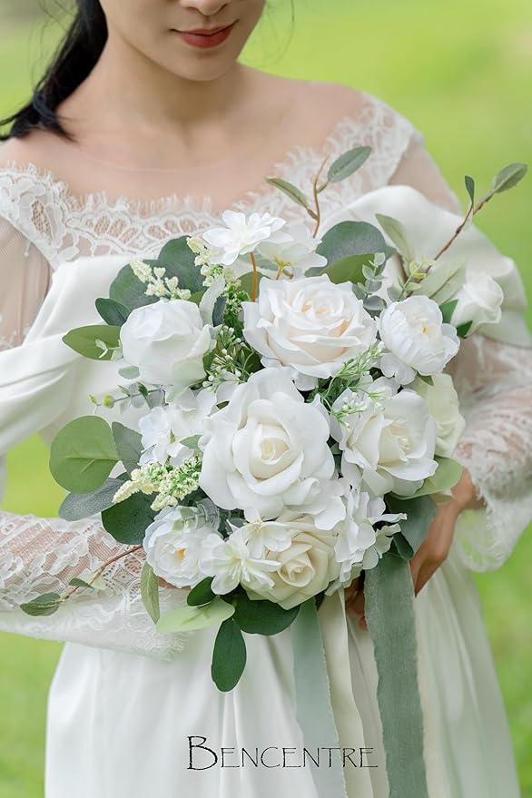 10 Inch White&Greenery Bridal Bouquet,Wedding Bouquet,Bride Bouquets for Wedding Ceremony Anniversary, Party and French Rustic Vintage Wedding,Artificial Flowers…