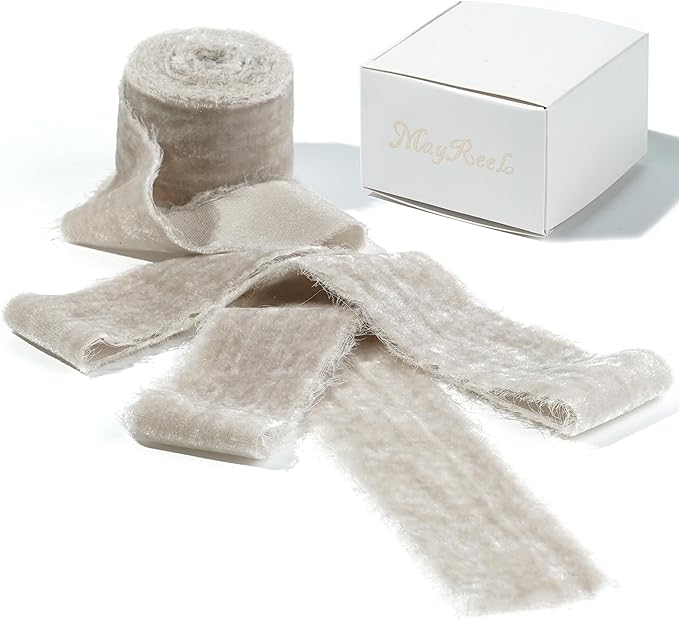 MAYREEL 2 Inch Taupe Velvet Ribbon Hand Torn Beige Silk Frayed Edge Ribbon for Bridal Bouquets Invitations Wedding Vow Books Gift Baskets Hair Bows 3 Yards