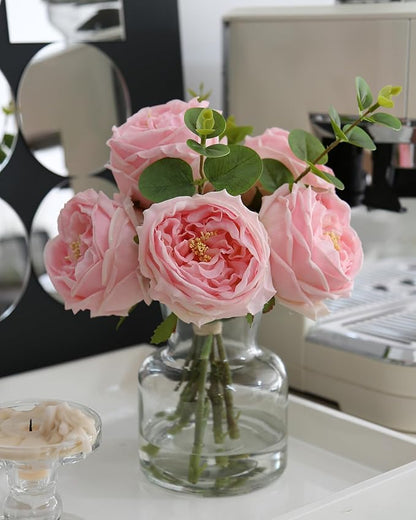 Artificial Flowers with Pink Roses in Vase, Lifelike Fake Flowers in Vase, Faux Flower Arrangements for Dining Table Centerpiece Decor, Table Centerpieces for Dining Room