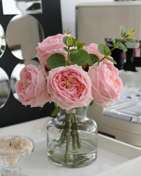 Artificial Flowers with Pink Roses in Vase, Lifelike Fake Flowers in Vase, Faux Flower Arrangements for Dining Table Centerpiece Decor, Table Centerpieces for Dining Room