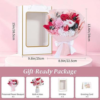Lewondr Flower for Delivery, Preserved Flowers Bouquet, Pink Roses Bouquet, Real Long-Lasting Forever Birthday Flowers Gifts for Mom Women Wife Grandma Her Mothers Day Anniversary, Light Rose