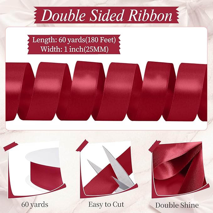 Wine Red Ribbon 1 inch 60 Yards Double Faced Red Satin Ribbon for Crafts Wedding Invitation Bows Making Gift Wrapping Decorations