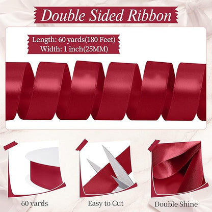 Wine Red Ribbon 1 inch 60 Yards Double Faced Red Satin Ribbon for Crafts Wedding Invitation Bows Making Gift Wrapping Decorations