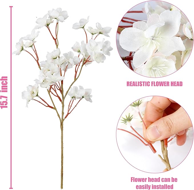 Sggvecsy Artificial Cherry Blossom Flowers 6 Pcs Faux Cherry Blossom Stems Faux Silk Cherry Blossom Branches 15.7’’ Fake Peach Flowers for Vase Arrangements Home Wedding Table Decor (White)