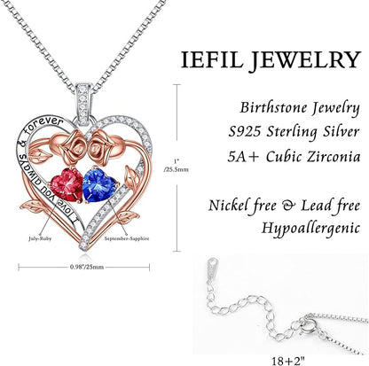 Iefil Rose Heart Double Birthstone Necklace Gifts for Wife Her Mom Women, Birthstone Jewelry Gemstone Birthday Gifts for Girlfriend Grandma Her Wife Women