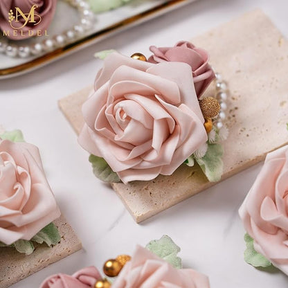 Meldel Dusty Pink Wrist Corsage,Set of 6, Homecoming Wrist Flower Girl/Mother Corsages Wristlet Perfect for Bride Bridesmaids Wedding Guests Hand Flower, Proms, Party, Ceremony Anniversary
