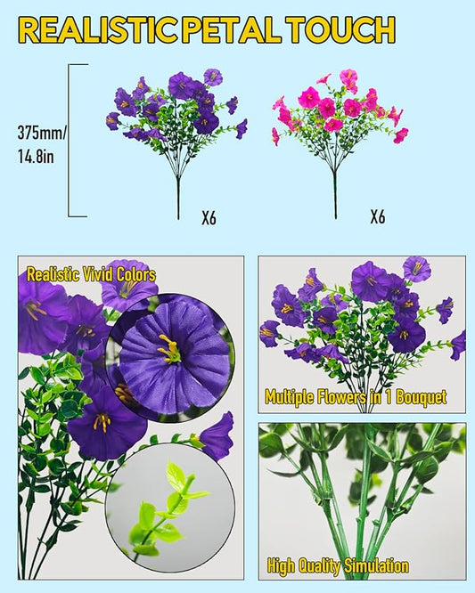 UV Resistant Fake Flowers for Outdoor Planters Hanging Basket Window Box - 12 Bundles Realistic Silk Artificial Flowers Outside with Eucalyptus, Faux Plants for Porch Garden Patio Home Décorations