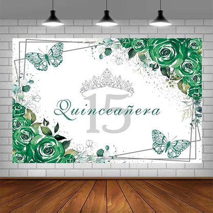 SENDY 8x6ft Quinceañera Backdrop Mis Quince 15 Anos Birthday Party Decorations Supplies for Girl Princess Green Floral Butterfly Silver Crown Photography Background Banner Photo Booth Studio Props