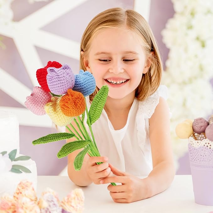 YoungJoy Crochet Rose 12 Pcs Handmade Knitted Flowers Tulip Sunflower Daisy Heart Artificial Knitted Floral Mother Day Graduation Home Decor(Cute Tulip B)