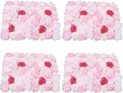 16"x 24" Artificial Flower Wall Panels,Flower Wall Mat Silk Flower Panels for Outdoor Garden Backyard Fence Fence Privacy Screen and Indoor Wall Decor (4Pcs Pink+Rose)
