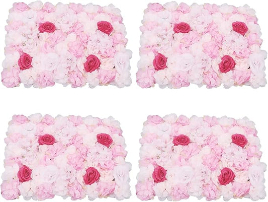16"x 24" Artificial Flower Wall Panels,Flower Wall Mat Silk Flower Panels for Outdoor Garden Backyard Fence Fence Privacy Screen and Indoor Wall Decor (4Pcs Pink+Rose)