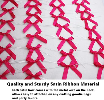 100 PCS 3 Inch Hot Pink Twist Bows for Treat Bags, Satin Twist Tie Bows, Pre Tied Bows with Wire, Ribbon Bows with Twist Ties, Bow Ties for Gift Bags, Popcorn Bags, Cookie Bags, Party Favors