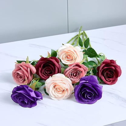 12Pcs Purple Roses Artificial Flowers Fake Roses Silk Flowers Real Touch Rose with Long Stems for Wedding Home Office Baby Shower Party Centerpieces Decorations