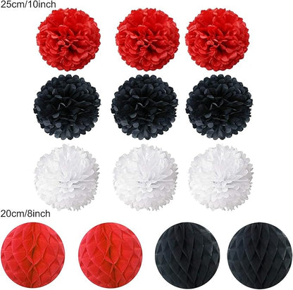 Tissue Paper Pom Poms, Recosis Paper Flower Ball for Birthday Party Wedding Baby Shower Bridal Shower Festival Decorations, 18 Pcs - Red Black White