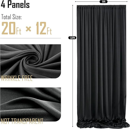 gogoparti 20 ft × 12 ft Black Backdrop Curtain for Wedding Parties, 4 Panels Wrinkle-Free 12 FT Long Polyester Photo Backdrop Drapes for Birthday, Baby Shower, Halloween Photography Background