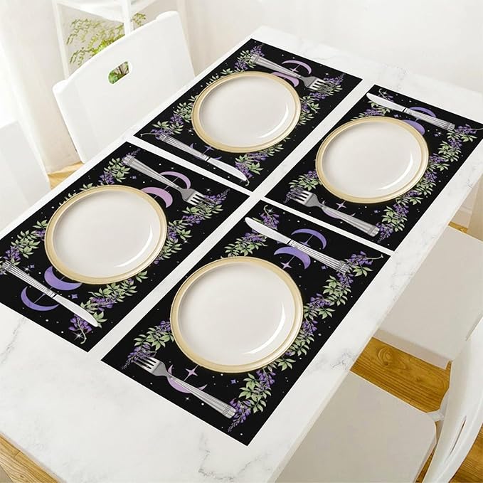 Boho Moon Flowers Placemats Set of 6,Natural Plant Moon Phase Moonlight Kitchen Party Event Table Decor,12x18 Inch,Purple 6 PCS, Style-11