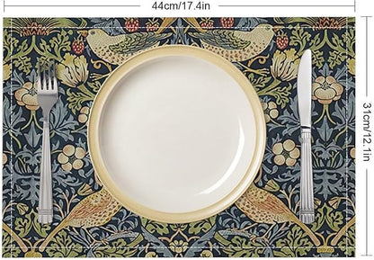 William Morris Floral Placemats Set of 6, Vintage Flower Strawberry Birds Place Mats, Heat Resistant Non Slip Cotton Linen Dining Table Mats for Home Kitchen Party 18x12 Inch