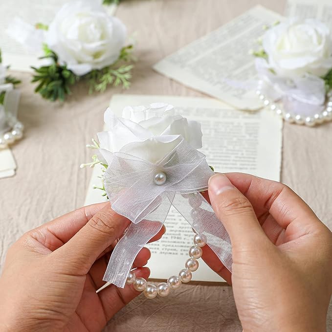 4pcs Wedding White Rose Wrist Flowers Artificial Rose Flowers for Ceremony Prom Party Accessories (4 Wrist Corsage White)