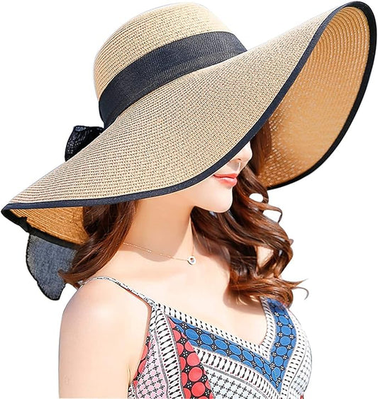 DRESHOW Beach Hats for Women Big Straw Wide Brim Summer Hat Floppy Foldable Roll up Cap Sun Hat UPF 50+