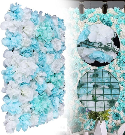 LOYALHEARTDY 12 Pack Artificial Flower Wall Panels 24" x 16" Blue & White Faux Hydrangea and Rose Artificial Flower Backdrop Panels for Wedding Party Event Flower Wall Decor