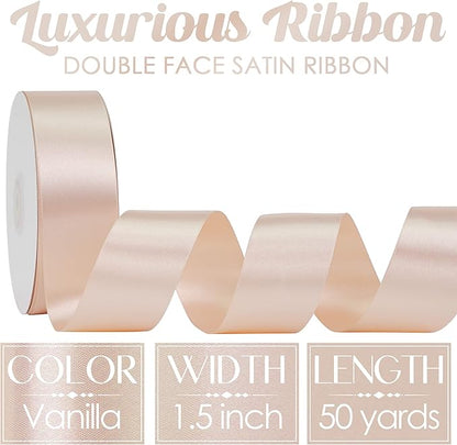 MEEDEE Vanilla Satin Ribbon 1-1/2 Inch Vanilla Ribbon Lux Double Faced Satin Ribbons by 50 Yards Polyester Satin Ribbons for Crafts, Weddings, Flower Bouquet, Holiday Decorating