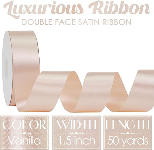 MEEDEE Vanilla Satin Ribbon 1-1/2 Inch Vanilla Ribbon Lux Double Faced Satin Ribbons by 50 Yards Polyester Satin Ribbons for Crafts, Weddings, Flower Bouquet, Holiday Decorating