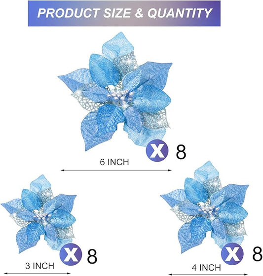 Boao 24 Pieces Christmas Artificial Glitter Poinsettia Flowers Xmas Flowers Wedding Christmas Tree New Year Ornaments(Blue)