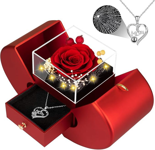 Gifts for Mom from Daughter and Son, Unique Mother Birthday Gift Idea, Preserved Red Real Roses with I Love You in 100 Languages Mom Necklace, Cool Present to Mother Mama -Red