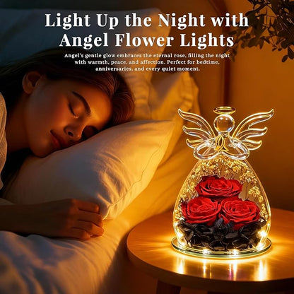 Beferr Christmas Birthday Gifts for Women, Mom Gifts for Christmas Fresh Flowers for Delivery Prime Forever Preserved Rose in Glass Angel Figurine Xmas Gifts for Grandma Wife Sister Her, Black & Red